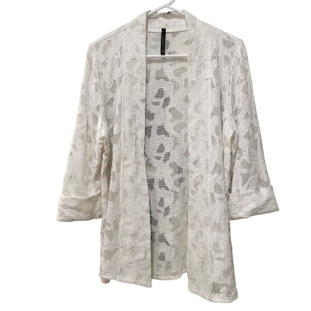 IC By Connie K Womens Duster L Open Front White Mesh Appliqué Overlay 3/4 Sleeve